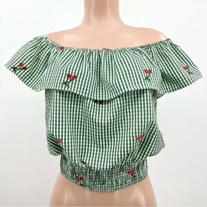 Kontrol Green Gingham Cherry Embroidered Off Shoulder Crop Top Size Medium